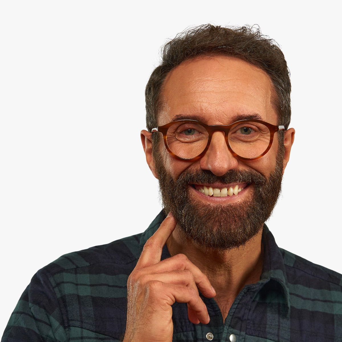 Luxreaders stylish Men's Løkken Shiny Walnut Reading glasses. Made from Acetate in a Round shape.