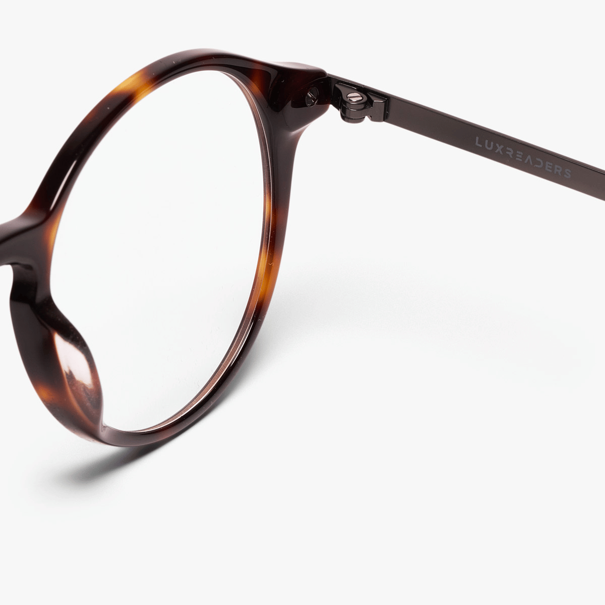Brown tortoise-shell reading glasses with Luxreaders branding