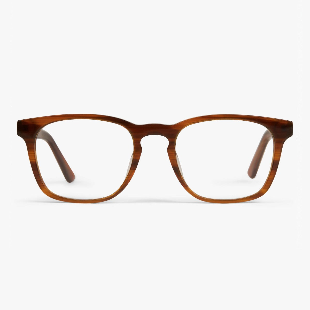Luxreaders stylish Bornholm Shiny Walnut Reading glasses. Made from Acetate in a Square shape.