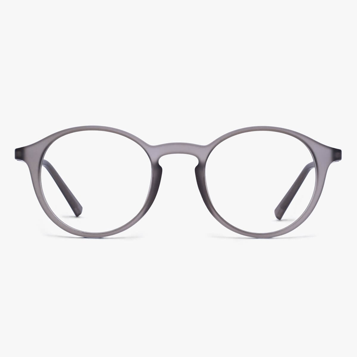 Luxreaders stylish Læsø Grey Blue light glasses. Made from Rubber in a Round shape.