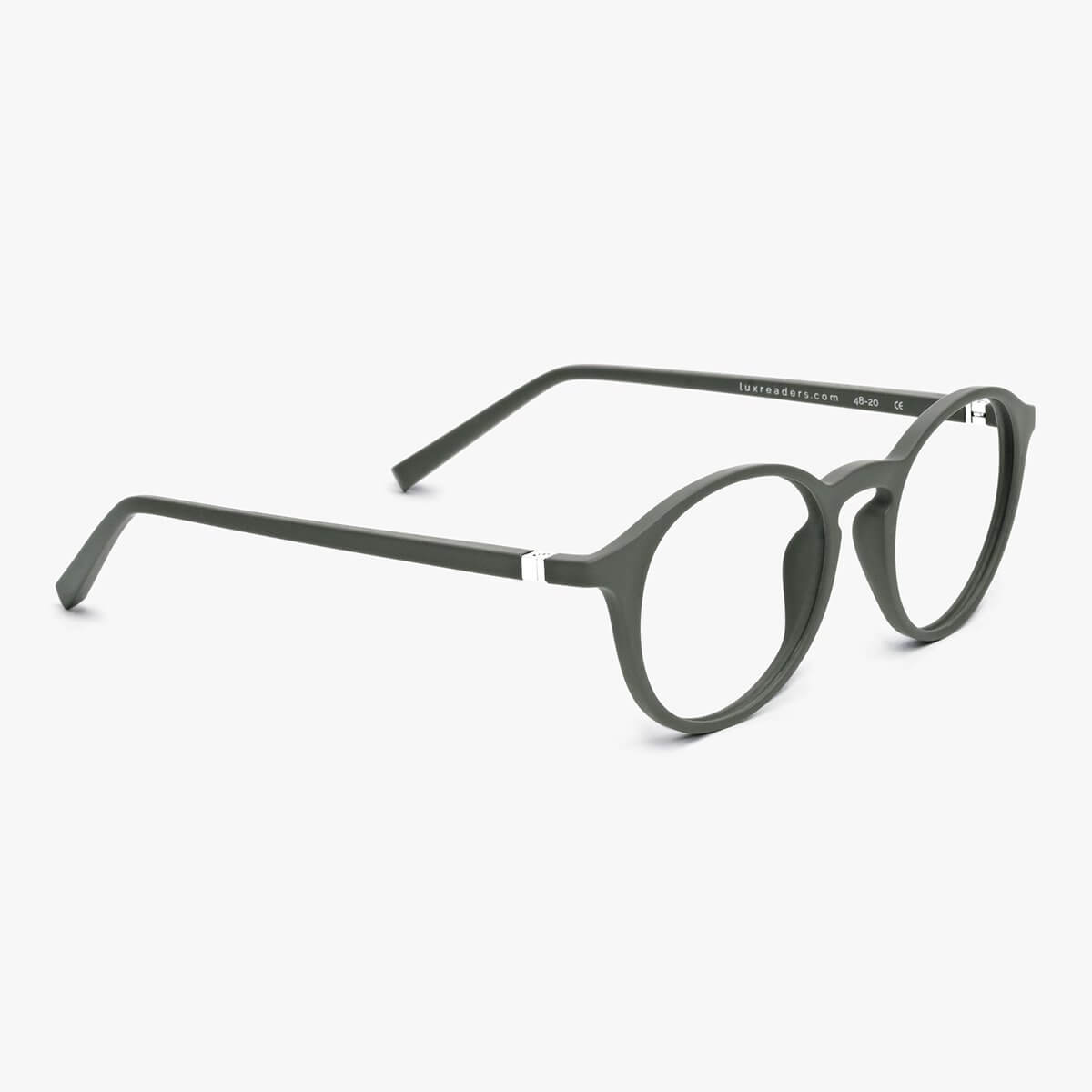 Luxreaders stylish Læsø Dark Army Reading glasses. Made from Rubber in a Round shape.