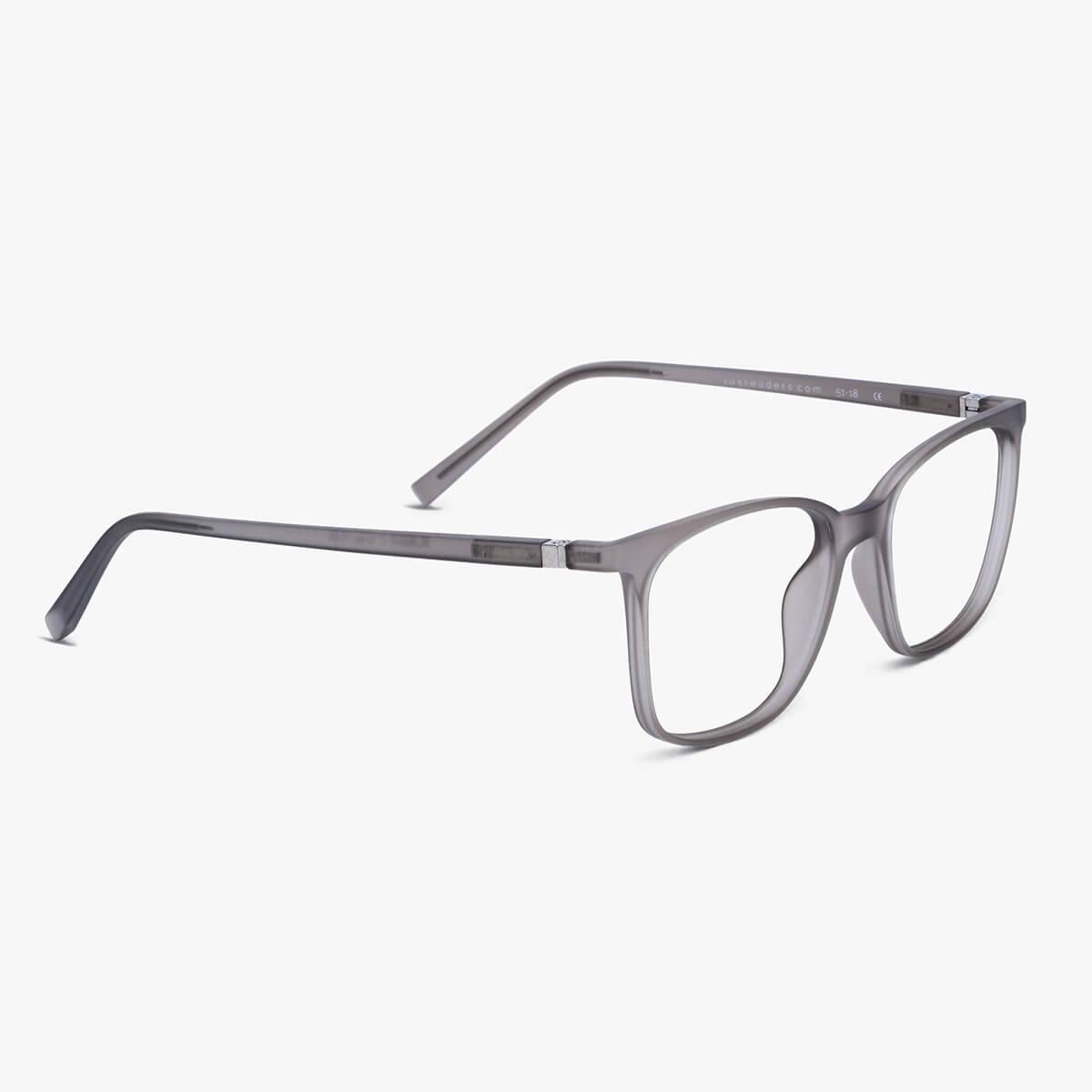 Fyn Grey rectangle reading glasses with translucent grey frame