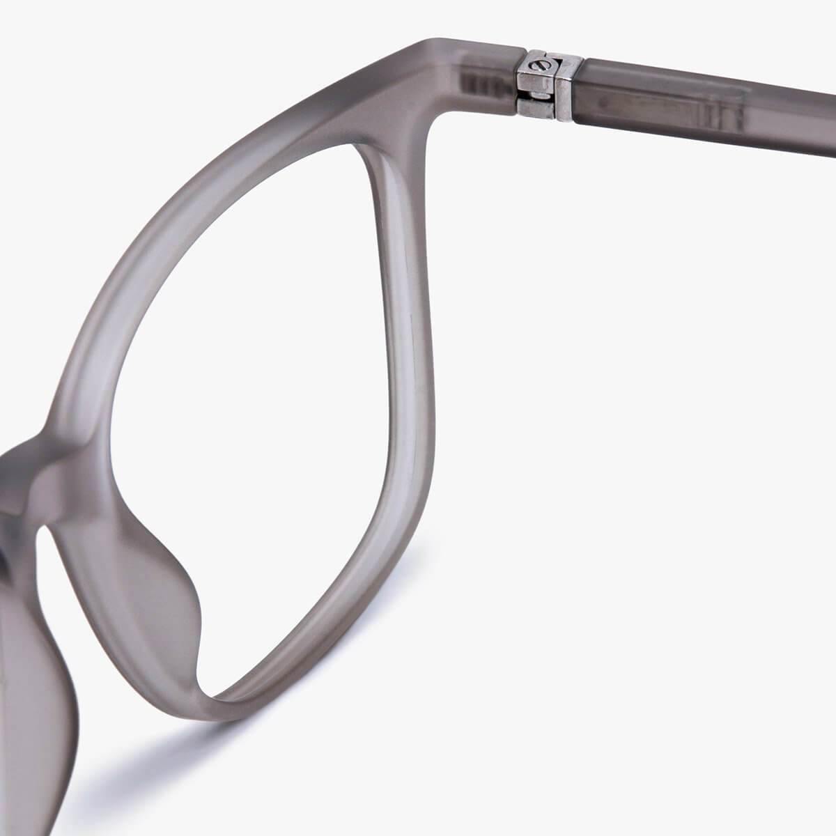 Close-up of Fyn Grey translucent glasses frame with hinge detail