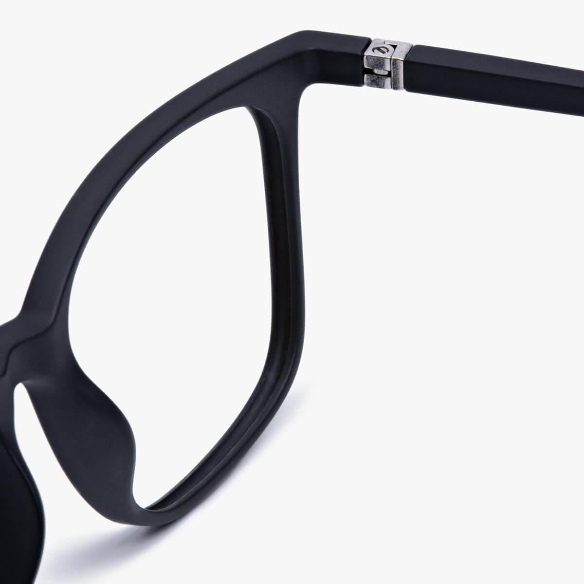 Close-up of black frame glasses hinge detail