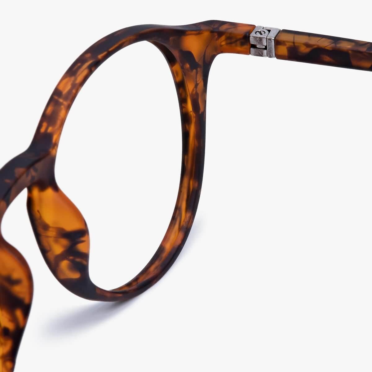 Close-up of tortoiseshell reading glasses frame with silver hinge detail