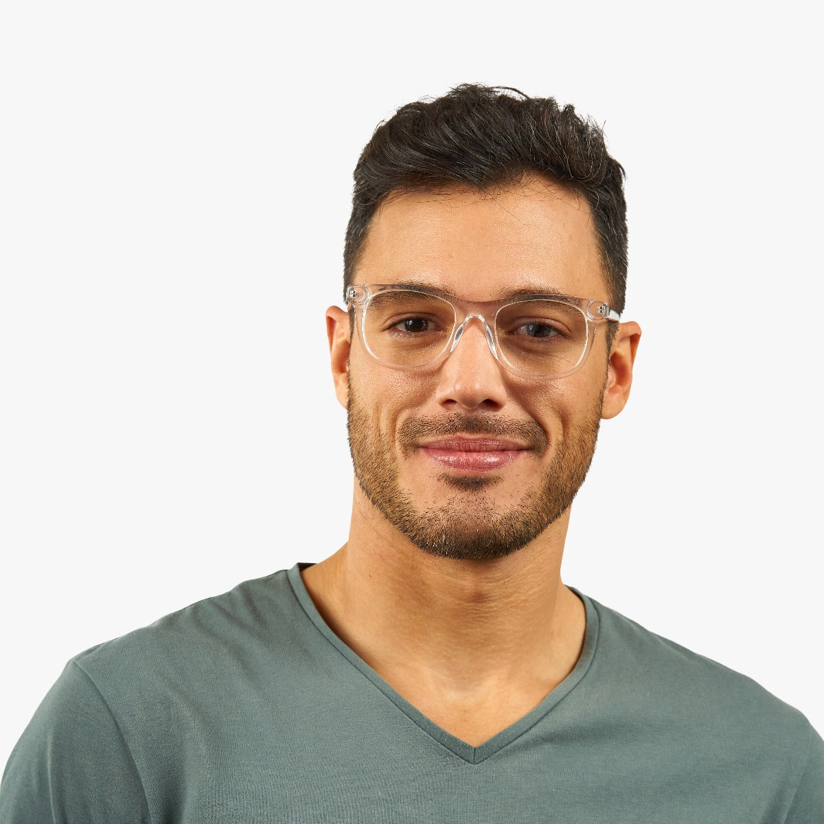 Person wearing men's Malmö crystal white glasses