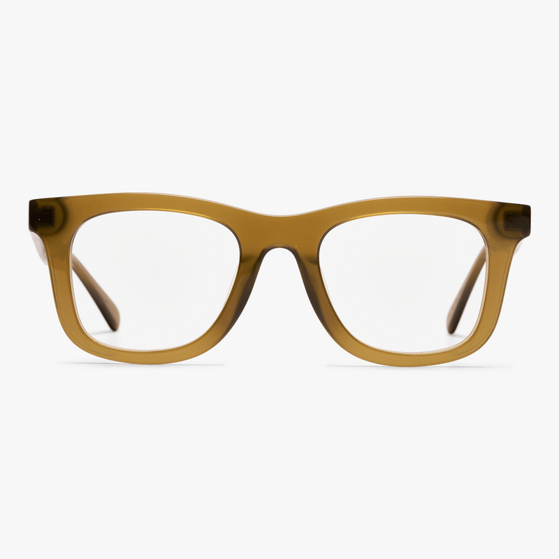 Samsø Shiny Olive rectangular glasses with a brown transparent frame