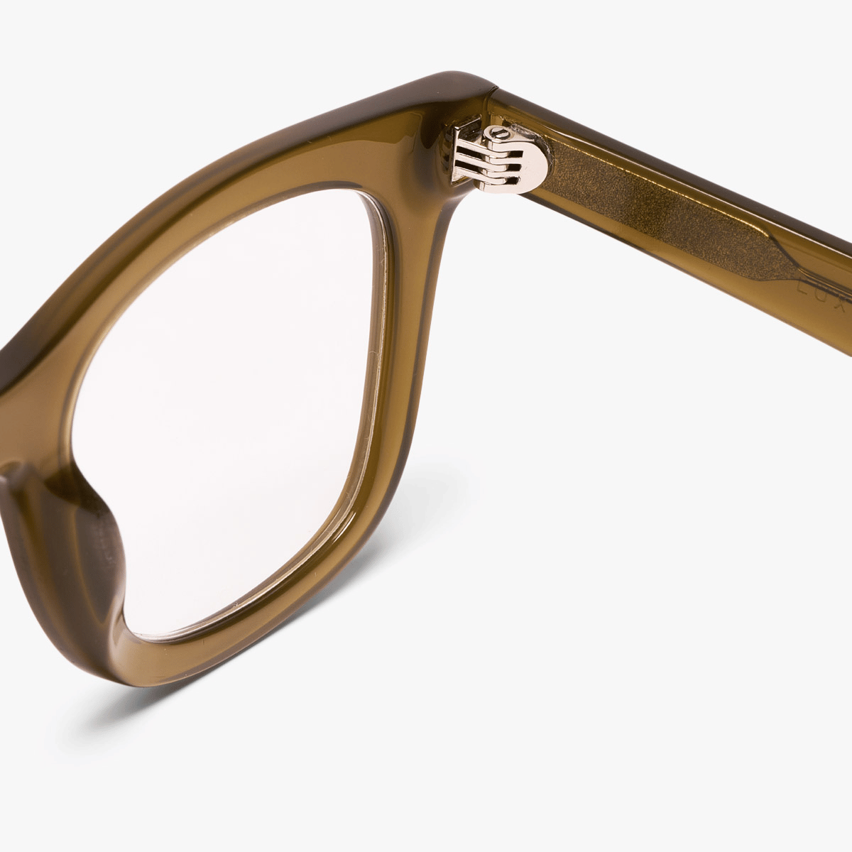 Close-up of Samsø Shiny Olive glasses with olive-green frame and Luxreaders logo