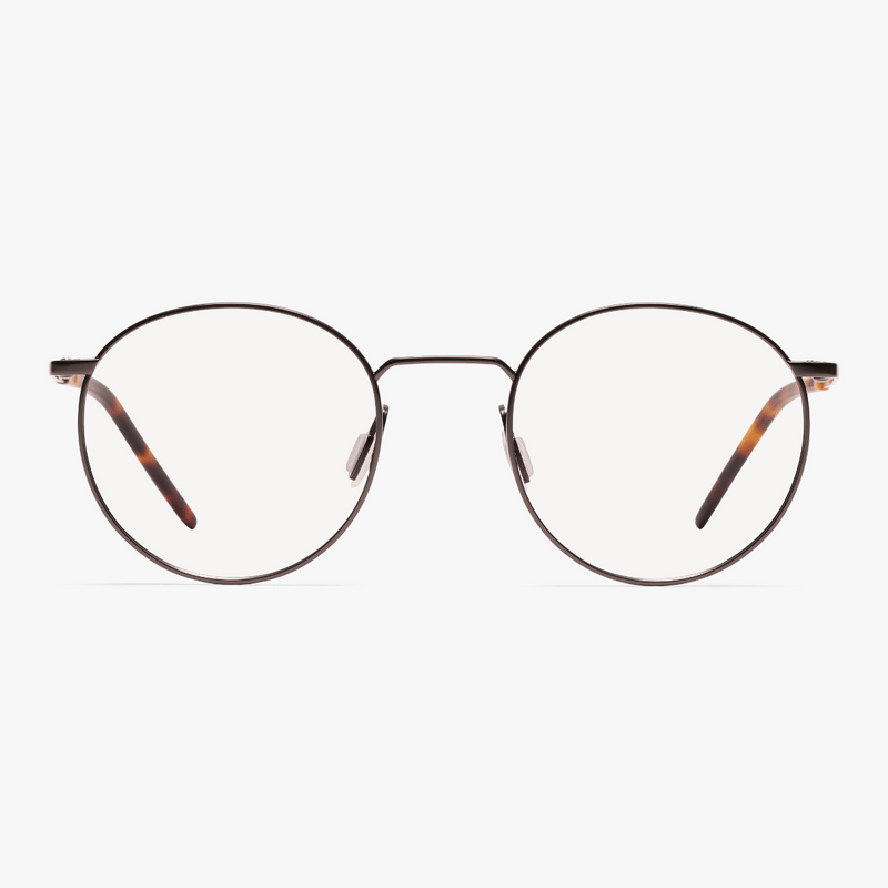 Round thin metal frame glasses with brown tortoiseshell temples