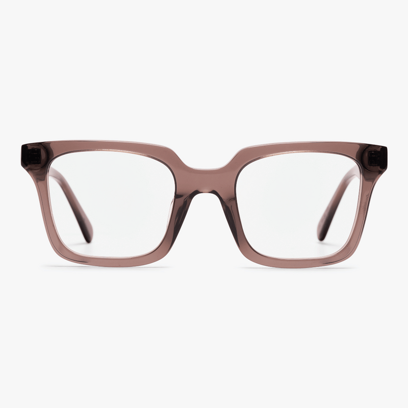 Rectangular crystal grey reading glasses with a modern design