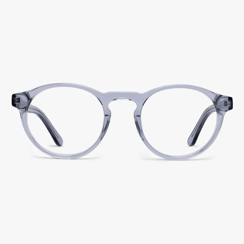 Round crystal grey glasses with a minimalist design