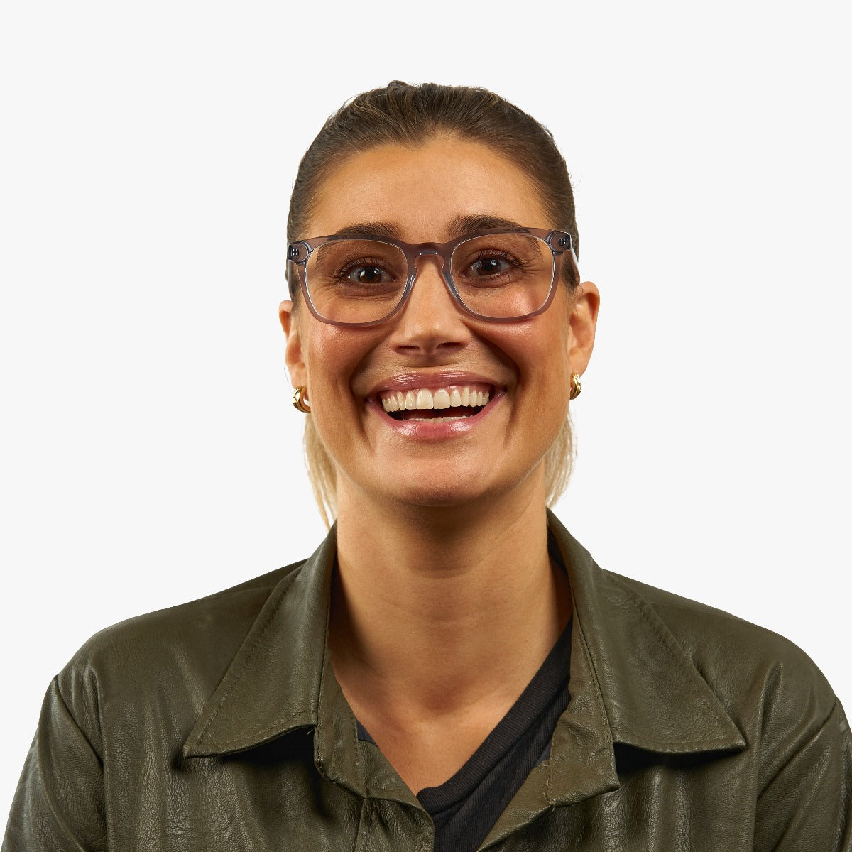 Person wearing crystal grey reading glasses