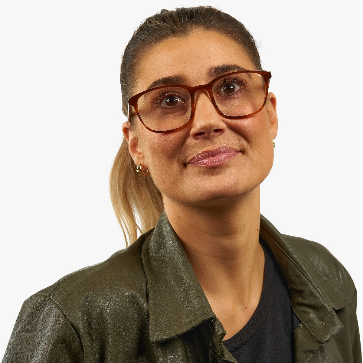 Person wearing Women's Ebeltoft Shiny Walnut glasses