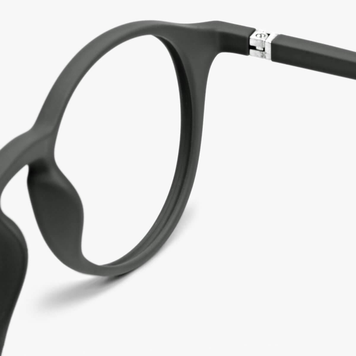 Close-up of Women's Læsø Dark Army reading glasses in dark matte finish