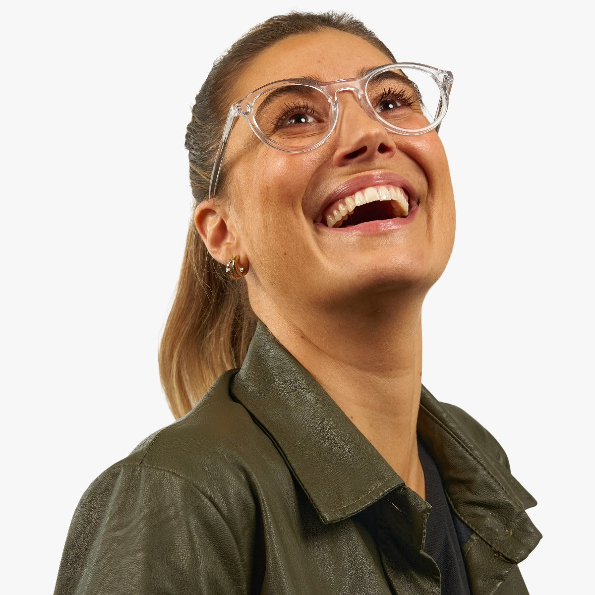 Person wearing Women's Løkken Crystal White glasses