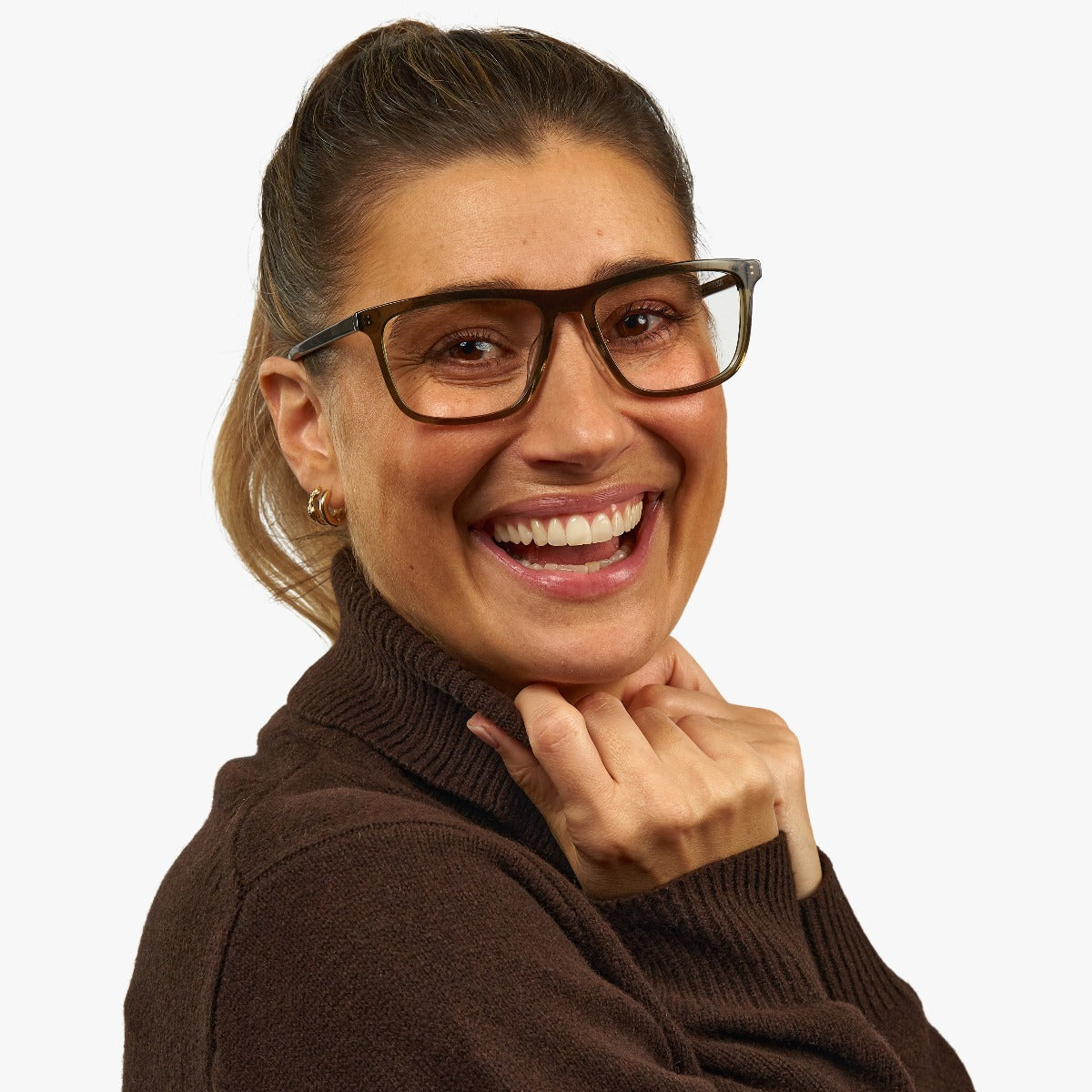 Person wearing Women's Oslo Shiny Olive glasses
