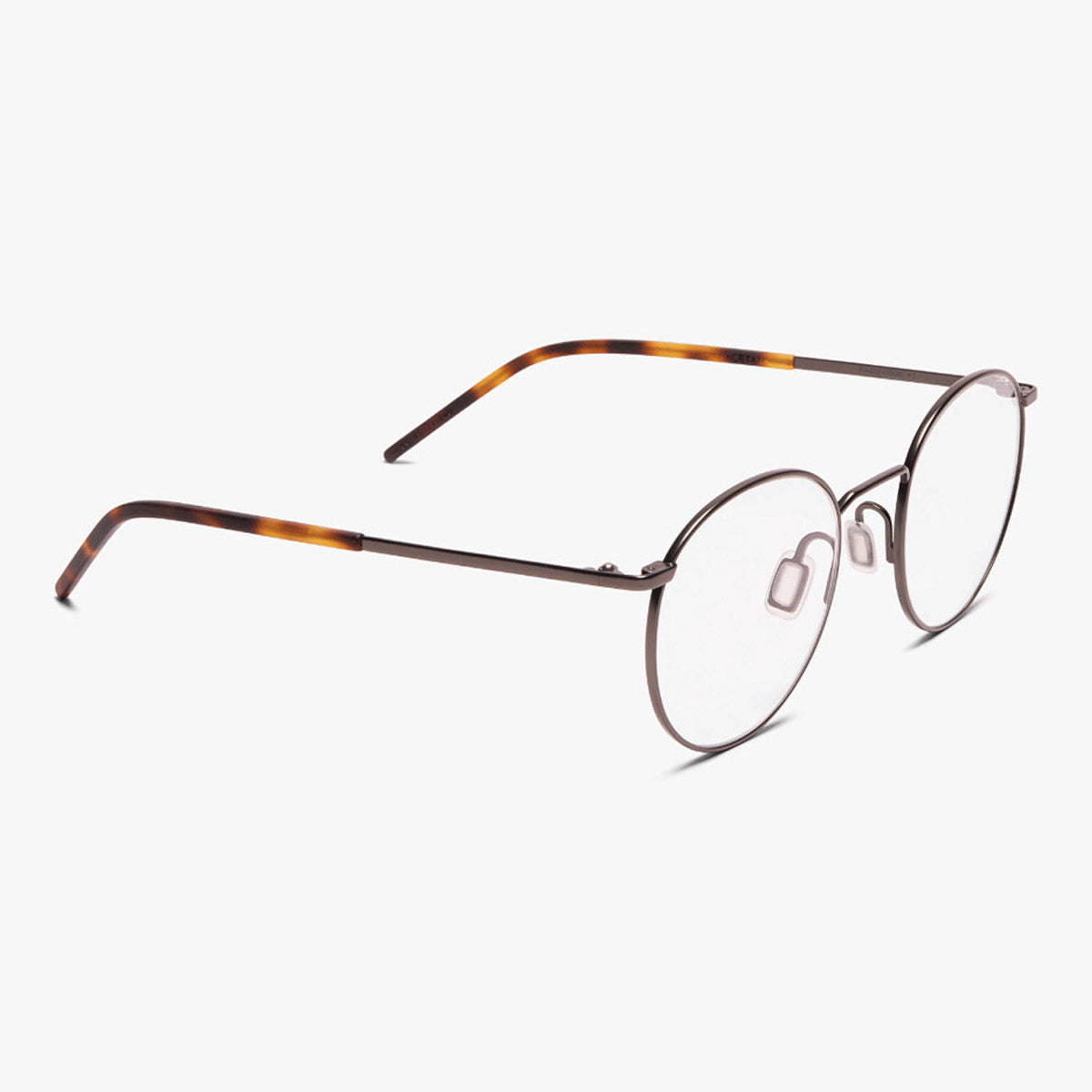 Round frame glasses with thin metal temples and tortoiseshell tips