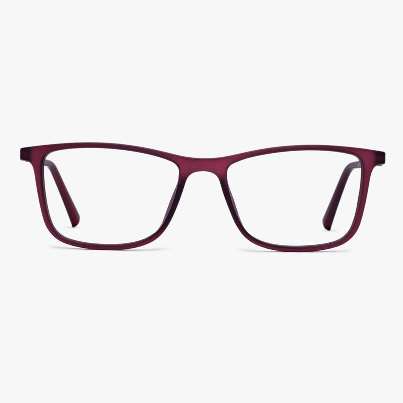 Women's red rectangular glasses with a sleek design