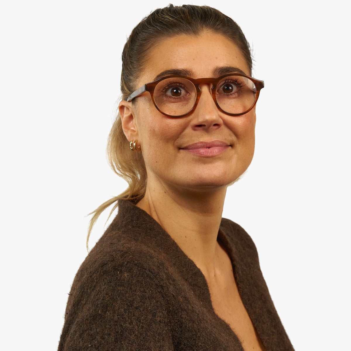 Person wearing Women's Trondheim Shiny Walnut glasses